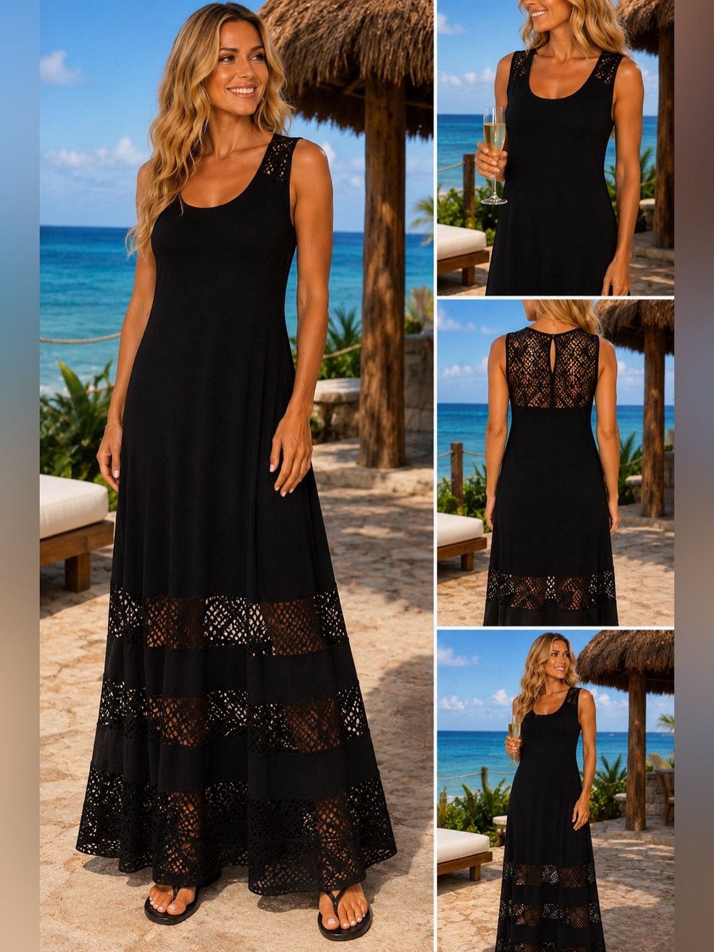 Spense Black Maxi Dress L NWT Crochet Mesh Sleeveless Resort Boho Stretch